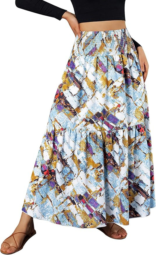 YHYJMY Women's Boho Skirt Elastic High Waist Pleated A-Line Flared Maxi Skirts Womens Flowy Long ... | Amazon (US)