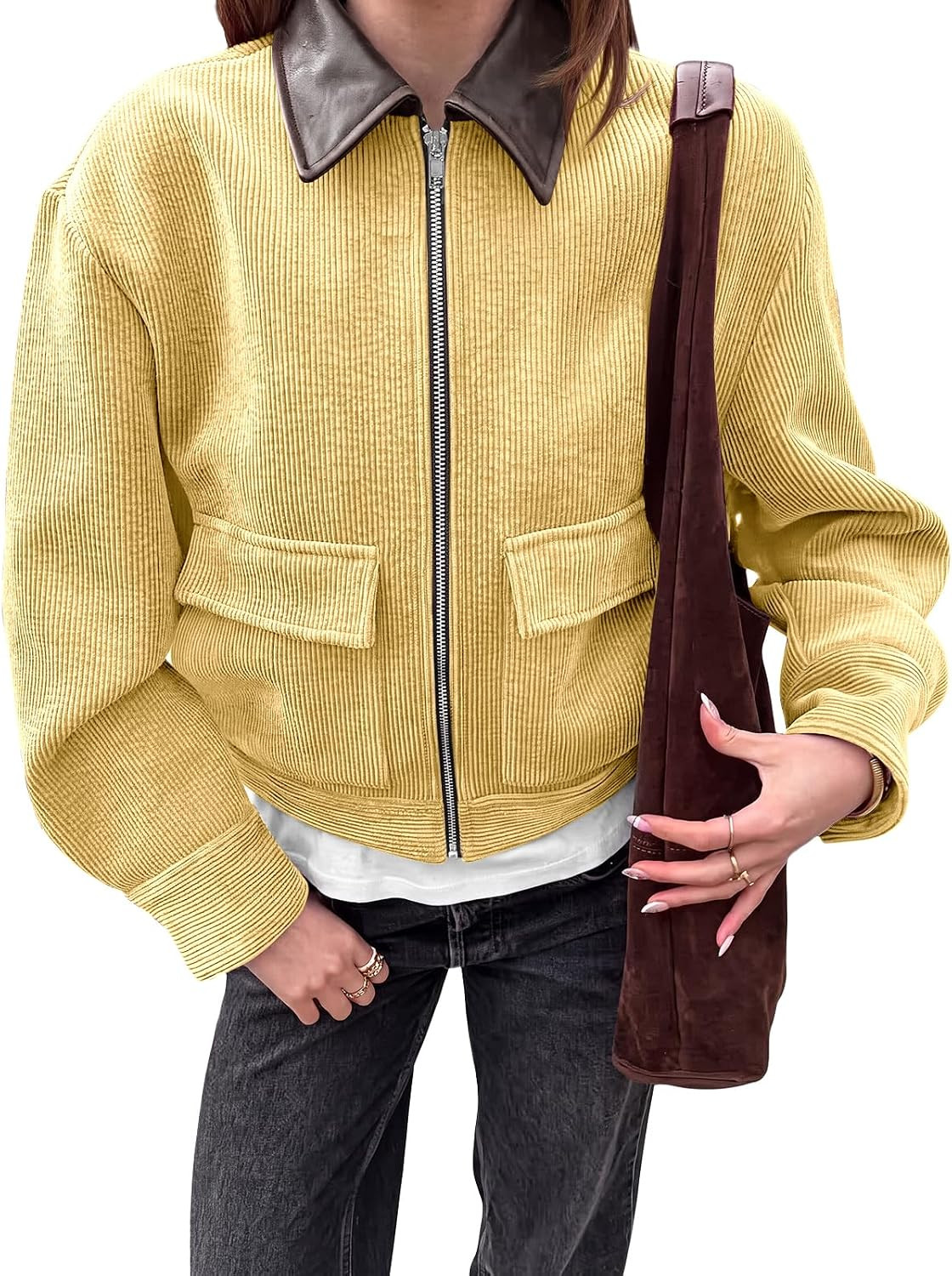 Tankaneo Womens Cropped Corduroy Jackets Oversized Zip Up Barn Bomber Coat | Amazon (US)