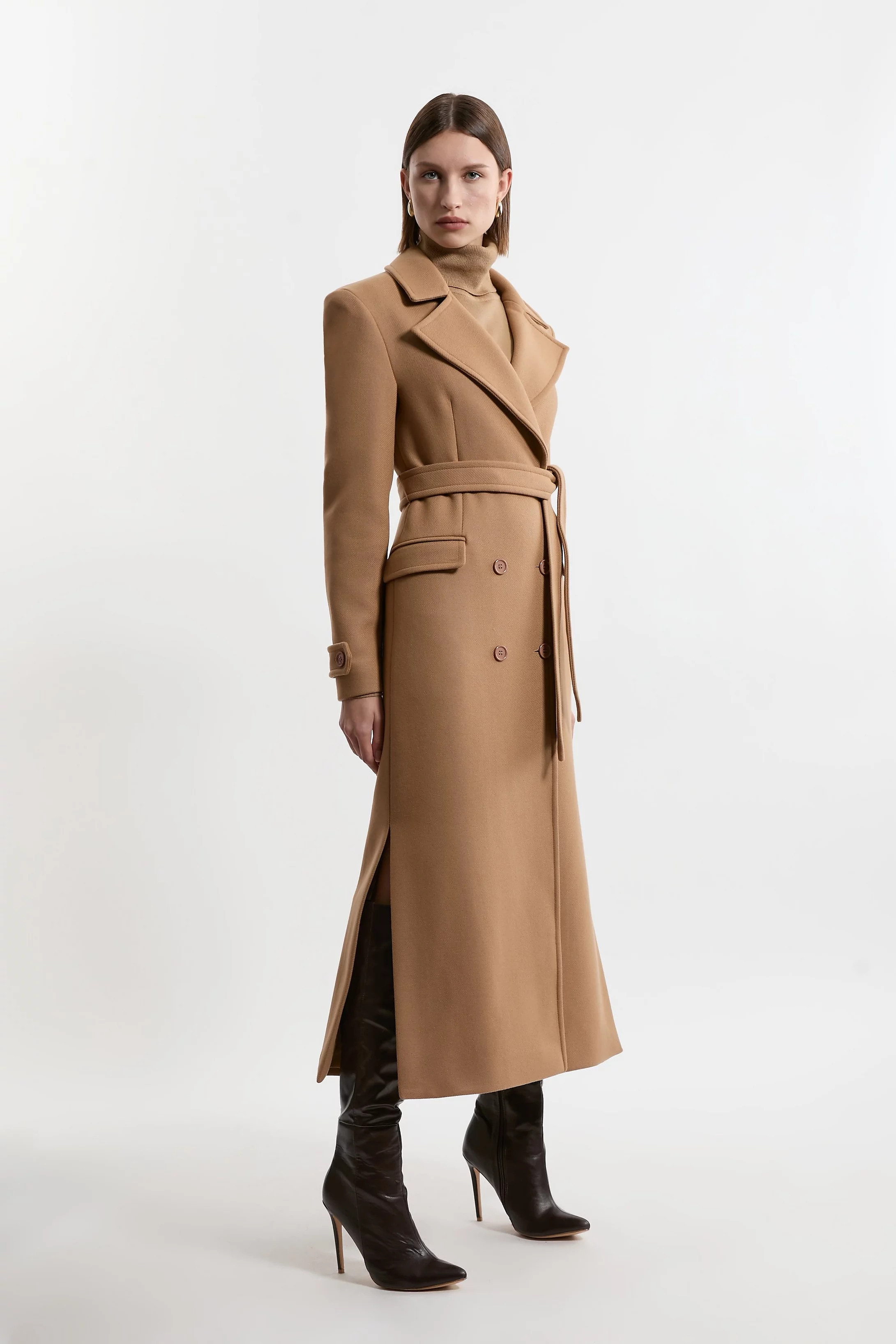 Premium Italian Manteco Wool Double Breasted Belted Tailored Midaxi Coat | Karen Millen US