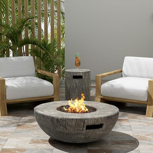 Christopher Knight Home Hearth Outdoor Fire Pit and Tank Holder Set, Lightweight Concrete Tank Table, 30000BTU Round Fire Pit, Woodlike Texture, Concrete Patio Fire Bowl, No Assembly Needed, Gray | Amazon (US)