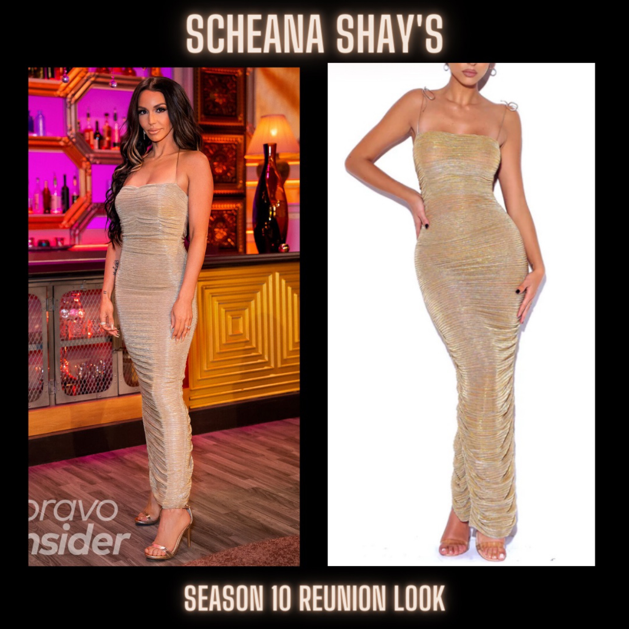 Scheana Shay’s Gold Metallic Ruched Midi Dress at the Vanderpump Rules Season 10 Reunion is by Miss Circle (Shop Similar) 📸 = @bravotv

