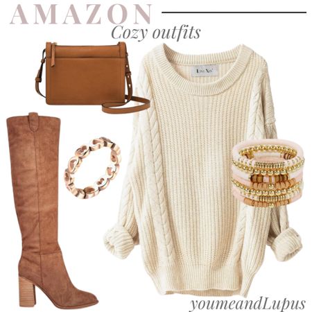 Amazon cozy winter outfits. Sweater dress, chunky oversized sweater dresses, knee high boots, brown boots, purses, stackable bracelets, heart rings, cozy dresses, date night outfit ideas, YoumeandLupus, Amazon finds 

#LTKGiftGuide #LTKSeasonal #LTKstyletip
