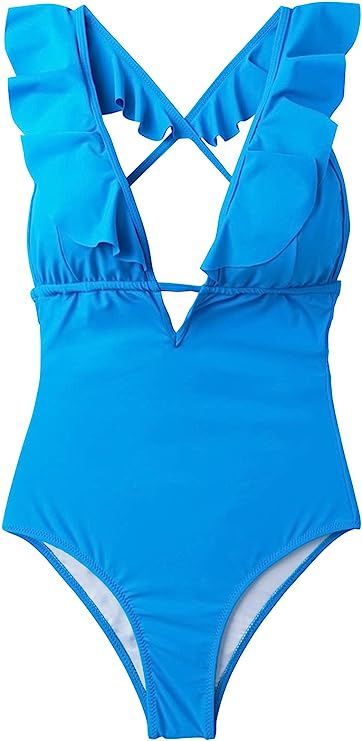 CUPSHE Women's One Piece Swimsuit Ruffle Deep V Neck Strappy Swimwear Bathing Suits | Amazon (US)