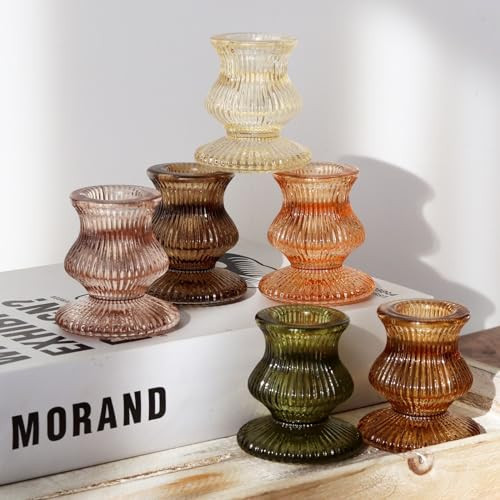 WDHODEC Glass Candlestick Holders 12PCS Taper Candle Holders for Table Centerpiece Vintage Colorful Candle Sticks for Wedding, Party and Birthday Table Decoration(Brown) | Amazon (US)