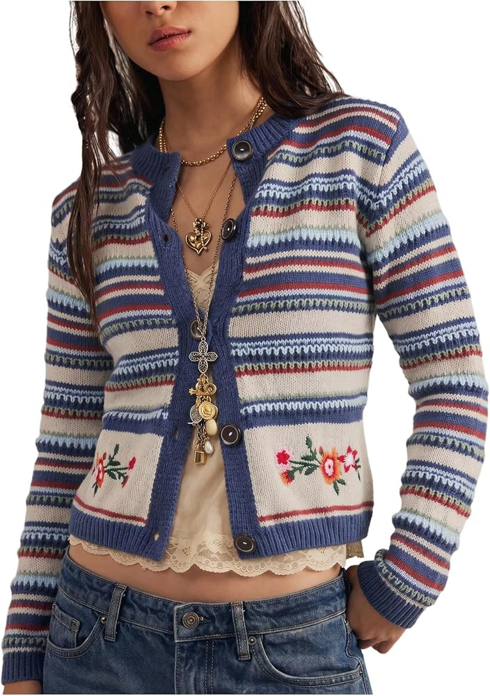 WDIRARA Women's Floral Striped Cardigan Sweaters Crew Neck Button Down Long Sleeve Knit Tops | Amazon (US)