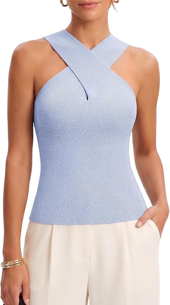 DRESSTELLS Women Halter Tops Criss Cross Sleeveless Knit Tank Top Ribbed Sweater Vest Sparkly Cas... | Amazon (US)
