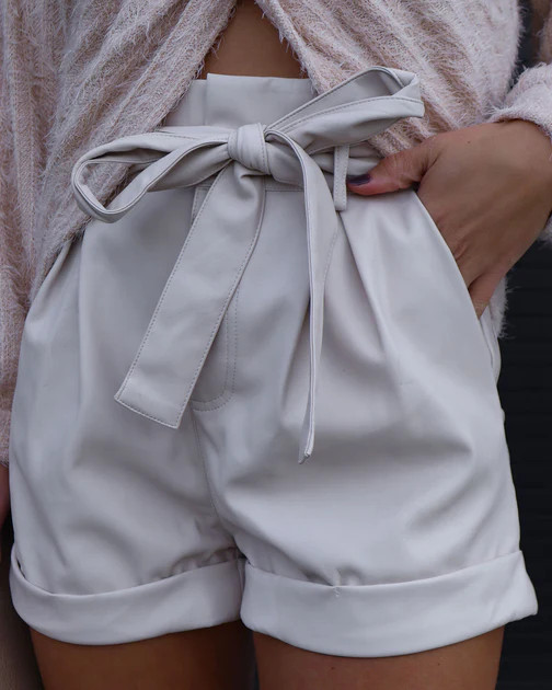 Slay With Sweetness Faux Leather Waist Tie Pocketed Shorts - Ecru - FINAL SALE | VICI