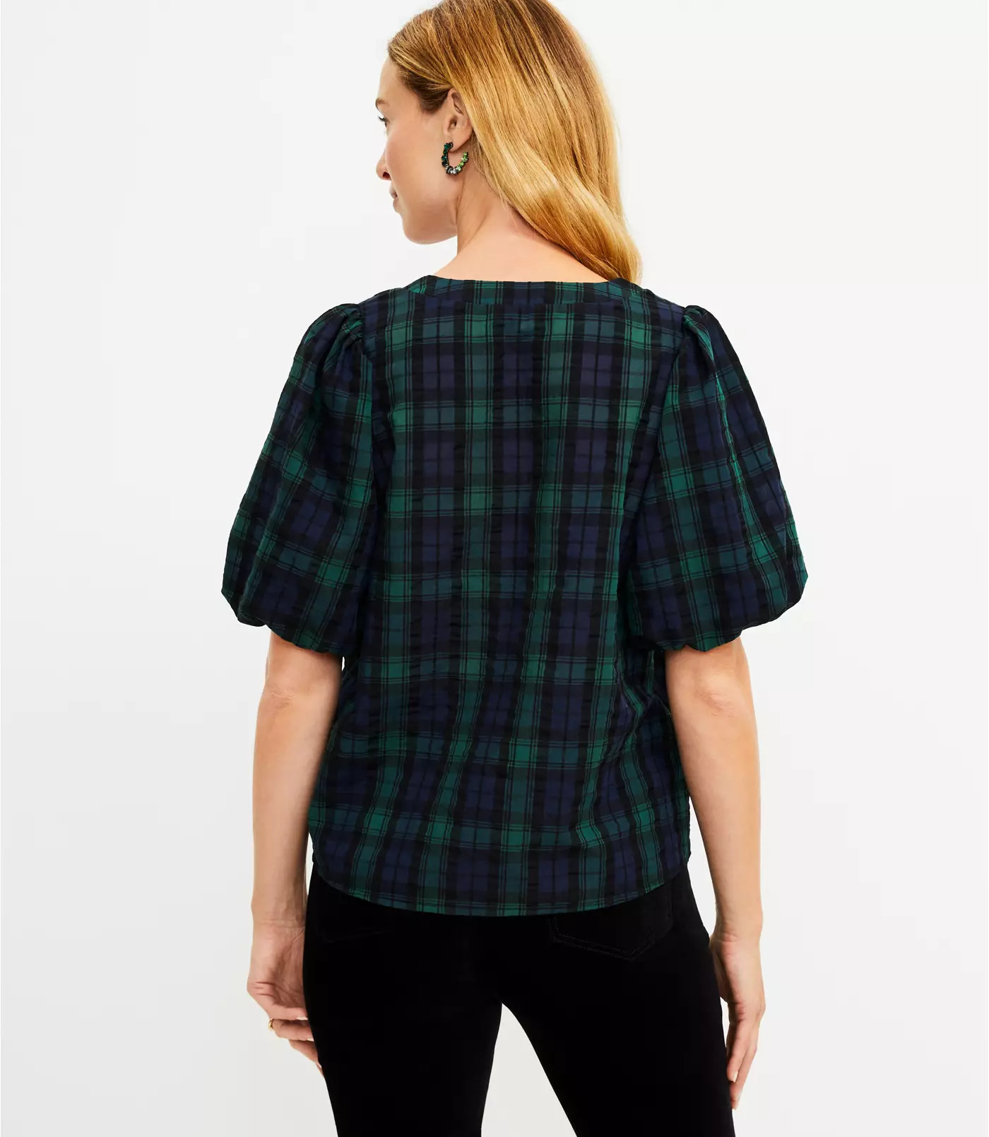 Plaid Balloon Sleeve V-Neck Top | LOFT