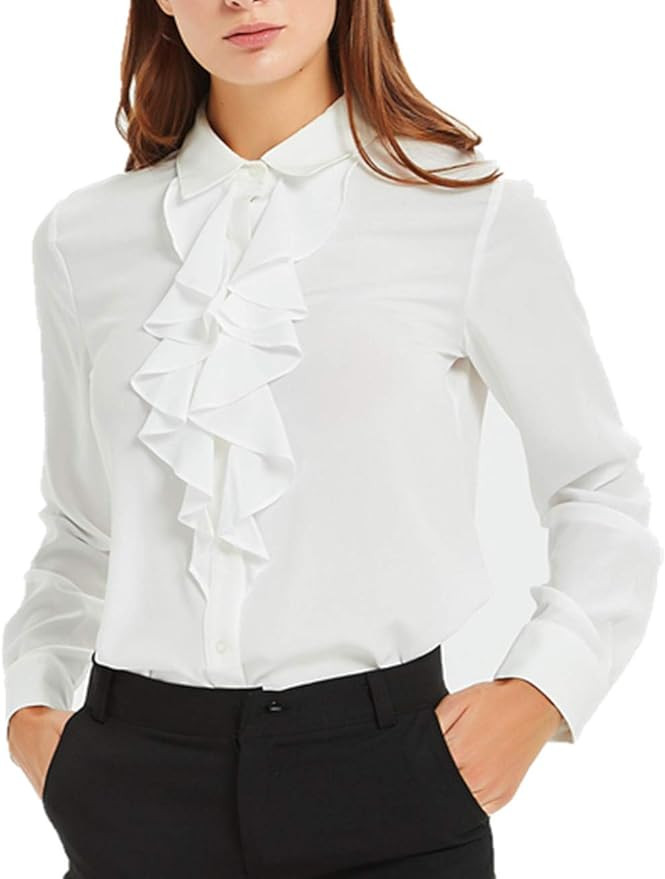 Womens Vintage Long/Short Sleeve Lotus Ruffled Casual Work Shirt Chiffon Blouse Basic Tops | Amazon (US)