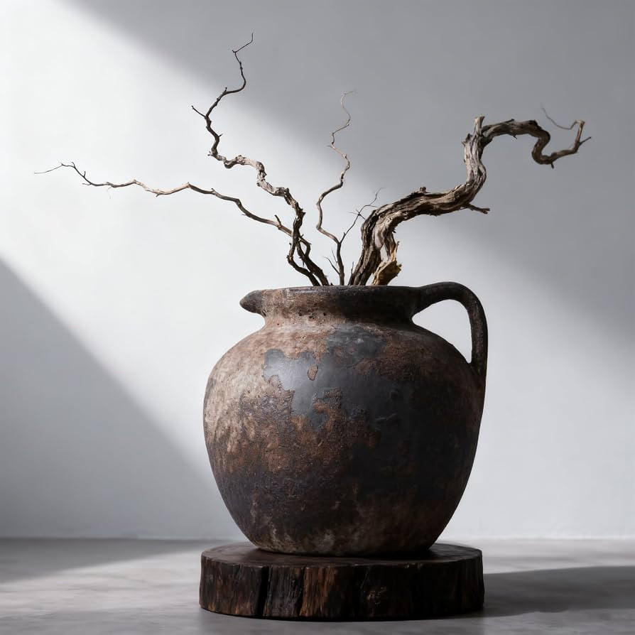 Wabi Sabi Ceramic Vase with Handle, 7.9\u201d Rustic Pottery Vase Wide Mouth, Round Distressed Br... | Amazon (US)