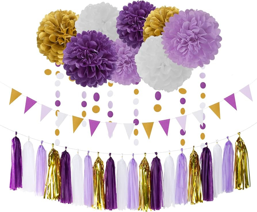 Purple Gold Graduation Decorations - 30pcs Kits Lavender White Paper Flowers,Banner Flags,Tassel ... | Amazon (US)