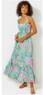 Lilly Pulitzer Hadley Smocked Midi Dress Medium  Amalfi Blue Leaf It Wild NWT | eBay US