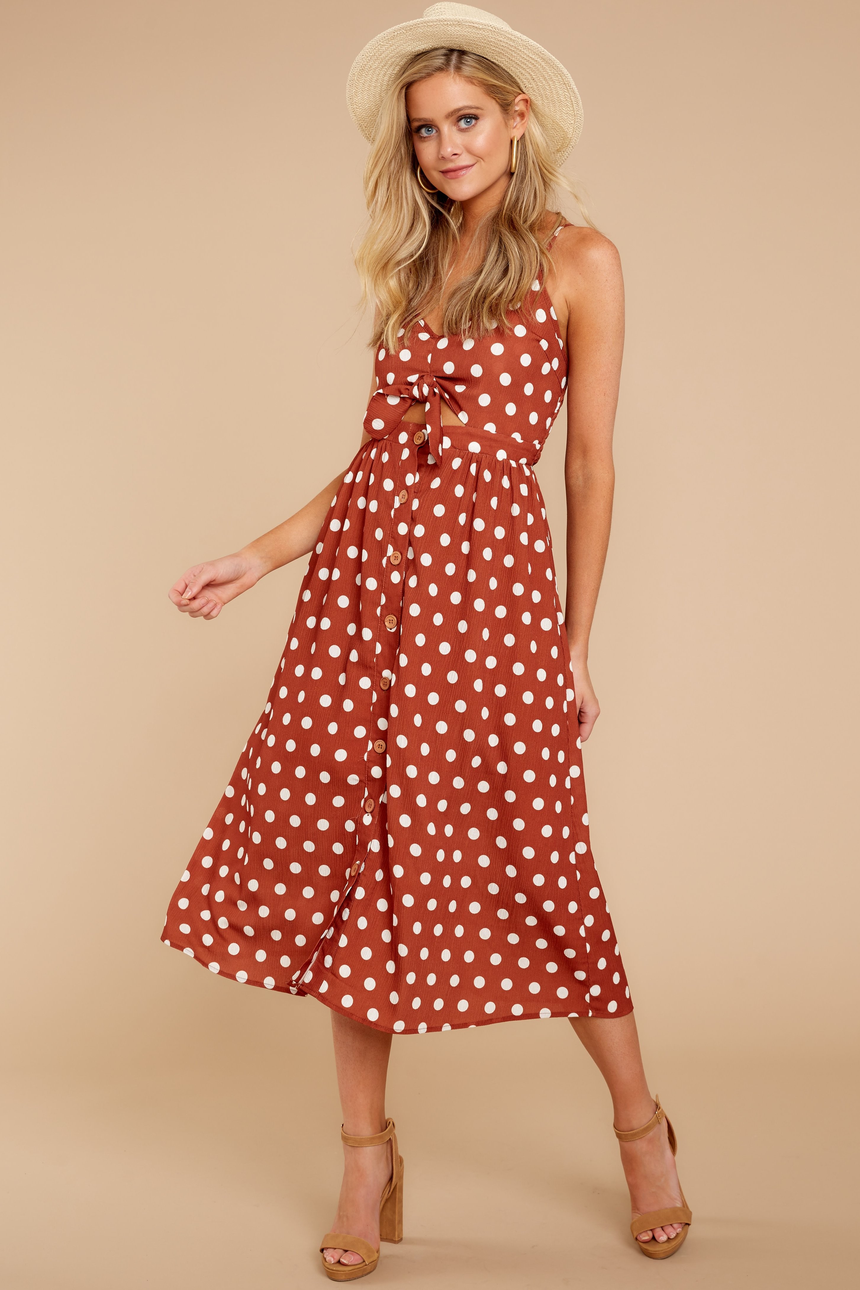 The Entire Package Rust Polka Dot Midi Dress | Red Dress 