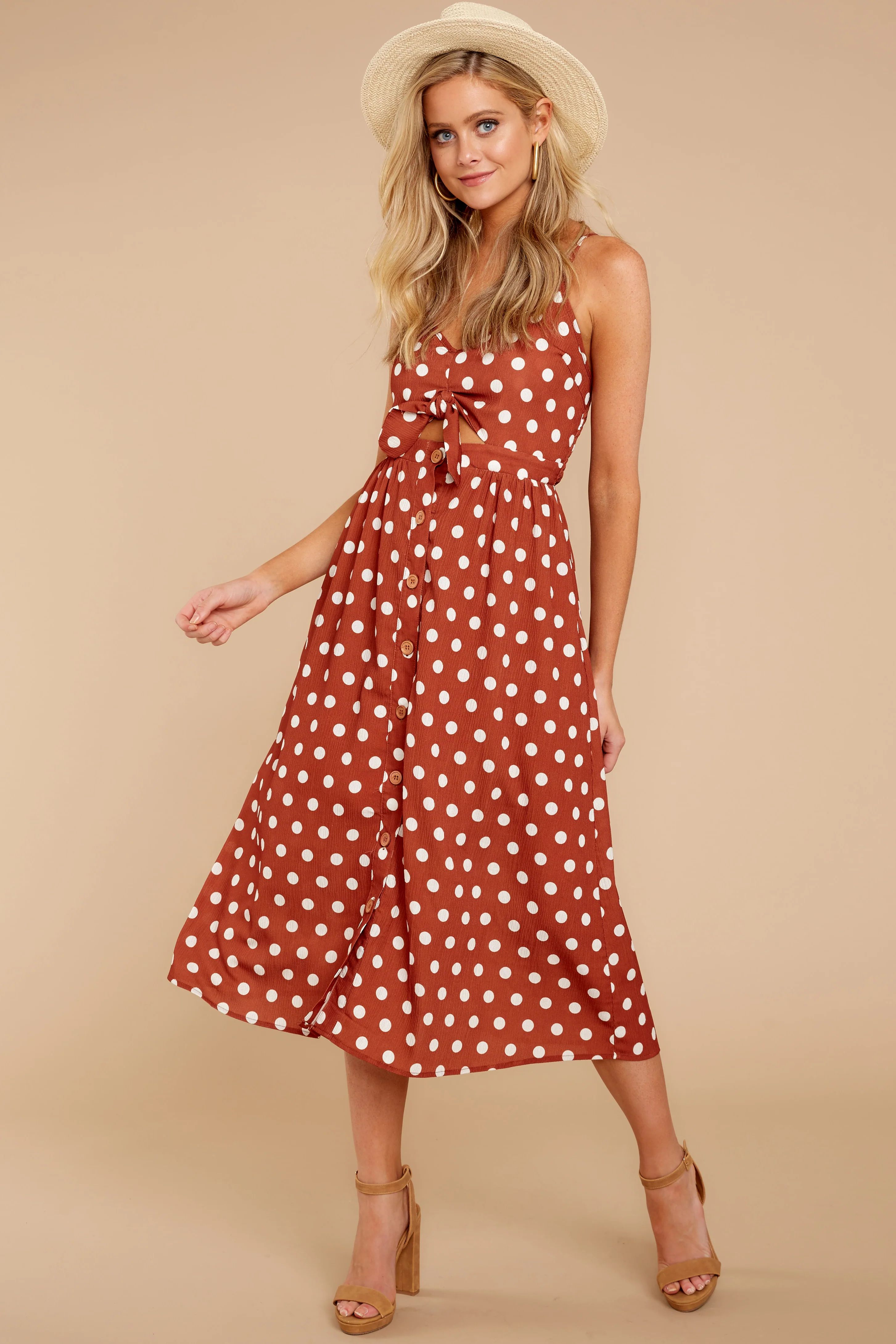 The Entire Package Rust Polka Dot Midi Dress | Red Dress 