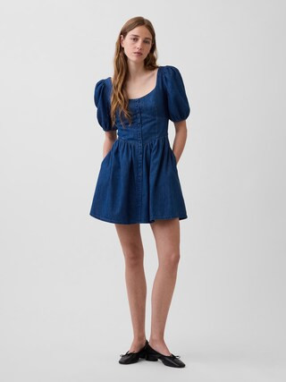 Denim Puff-Sleeve Sweetheart Mini Dress | Gap (US)