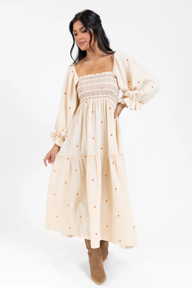 Dress To Impress Beige Floral Stitched Smocked Top Dress | Pink Lily