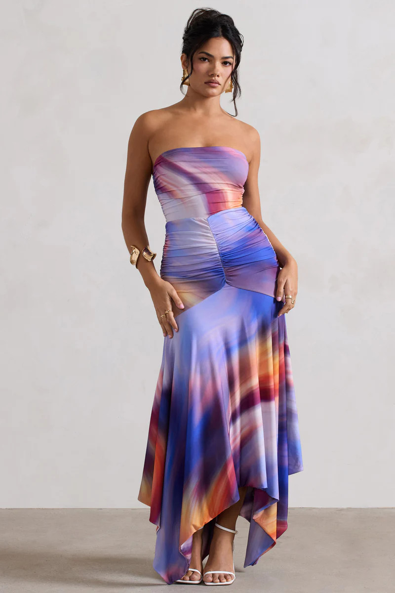 Florianne | Ombre Print Ruched Bandeau Midi Dress | Club L London