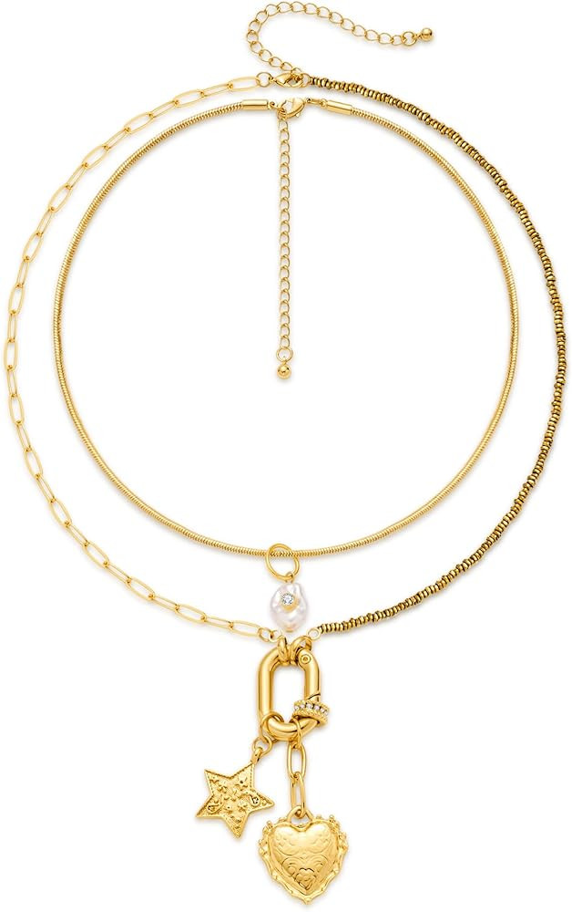 Gold Necklaces Stack Dainty Gold Chain with Charms Star/Heart/Shell Choker Necklaces for Women Tr... | Amazon (US)