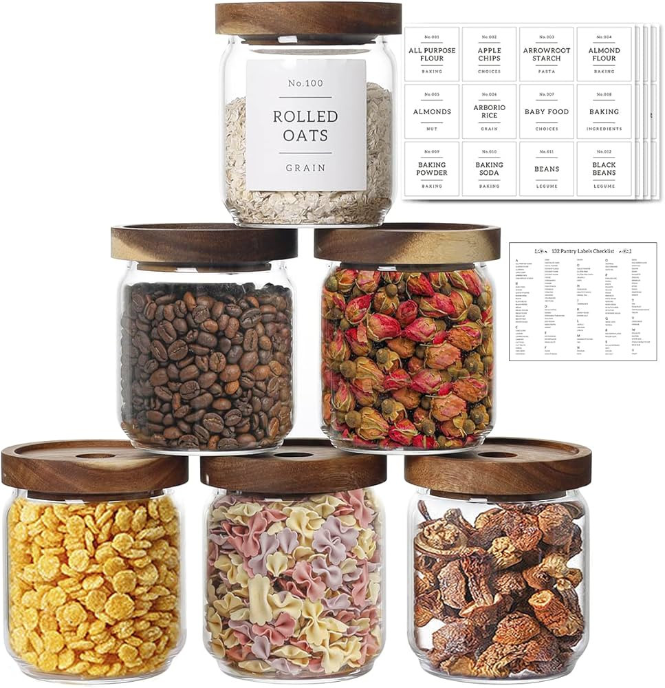 6-Piece Clear Glass Storage Container | 16 OZ | 132 Pantry Labels Preprinted | Acacia | Airtight | Amazon (US)