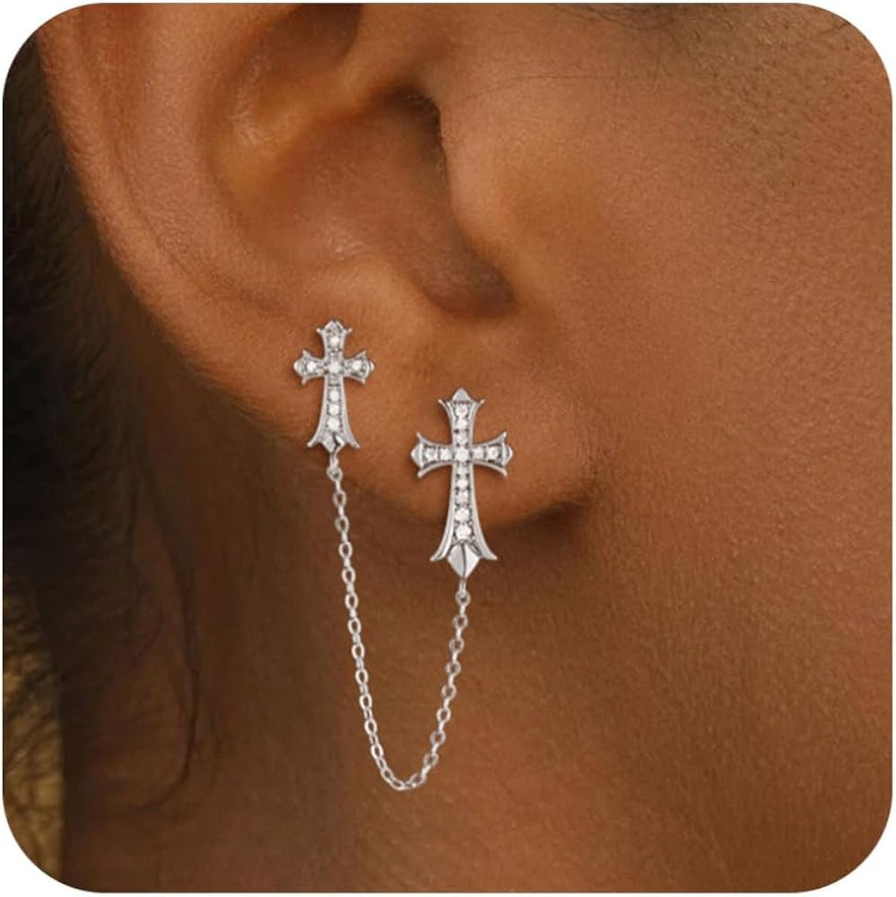 Gold Cross Earrings for Women 14K Gold Double Piercing Cross Earrings Diamond Stud Earring | Amazon (US)