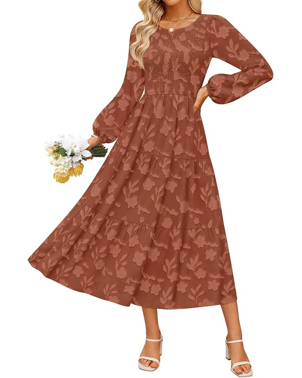 ZESICA Women's Fall Boho Floral Midi Dress 2025 Casual Long Sleeve Crewneck Flowy Wedding Guest L... | Amazon (US)