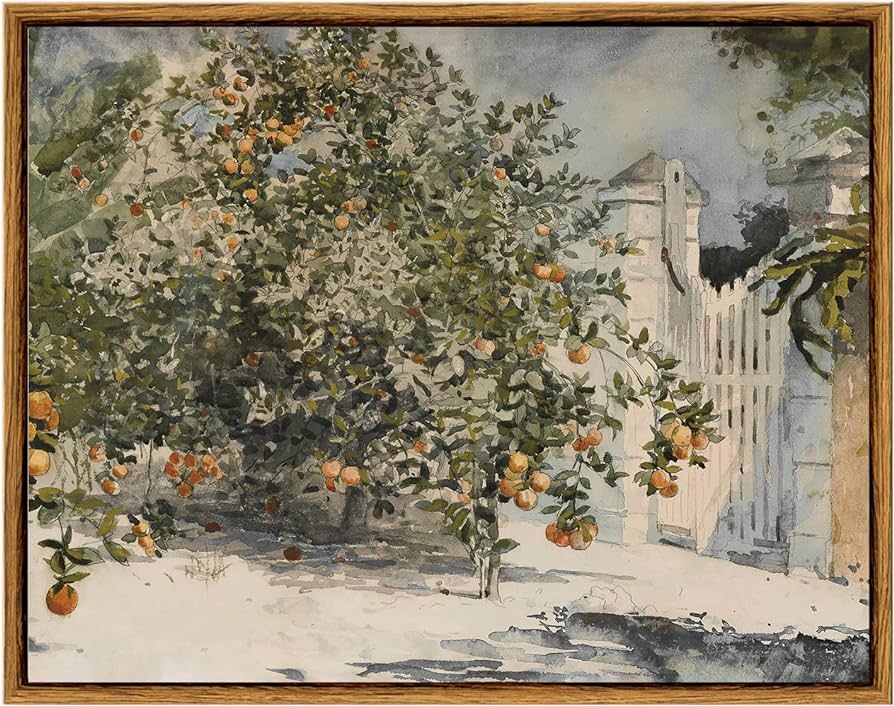 VIYYIEA Vintage Plant Wall Art, Orange Trees and Gate Painting Decor Aesthetic, Framed Canvas Pri... | Amazon (US)