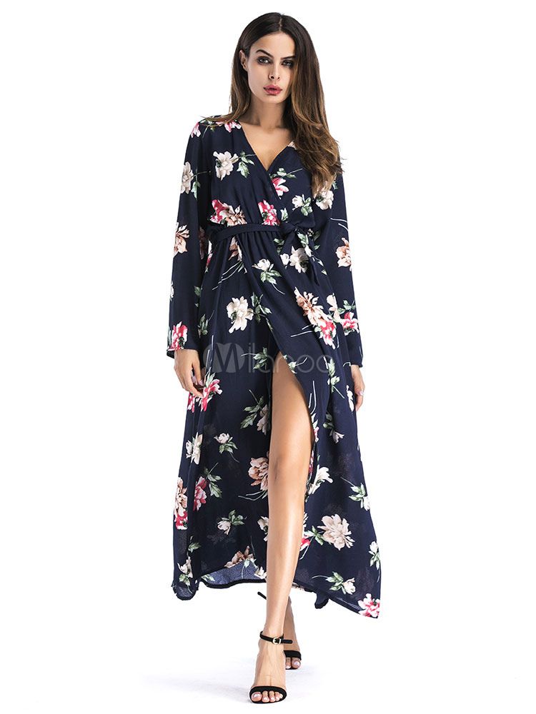 Women Floral Dress Maxi Dress Chiffon V Neck Slit Pleated Long Sleeve Long Dress | Milanoo