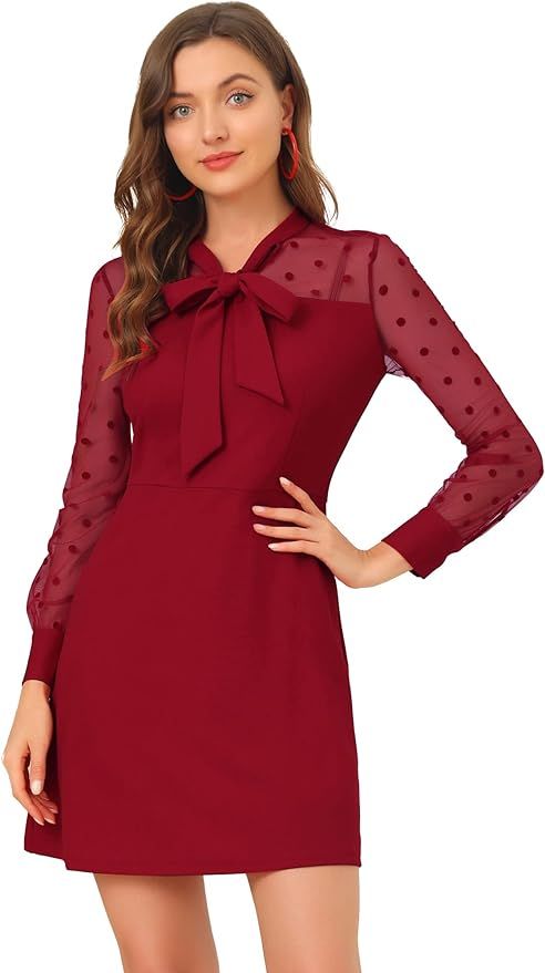Allegra K Women's Valentine's Day Sheer Mesh Panel A-Line Tie Neck Dots Cocktail Party Dress | Amazon (US)