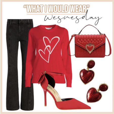 Flare jeans - express jeans - heart sweater  - Walmart sweater - heart bag - red bag - red bow heels - heart earrings - jeans - Valentine’s Day 

#LTKshoecrush #LTKSeasonal #LTKstyletip