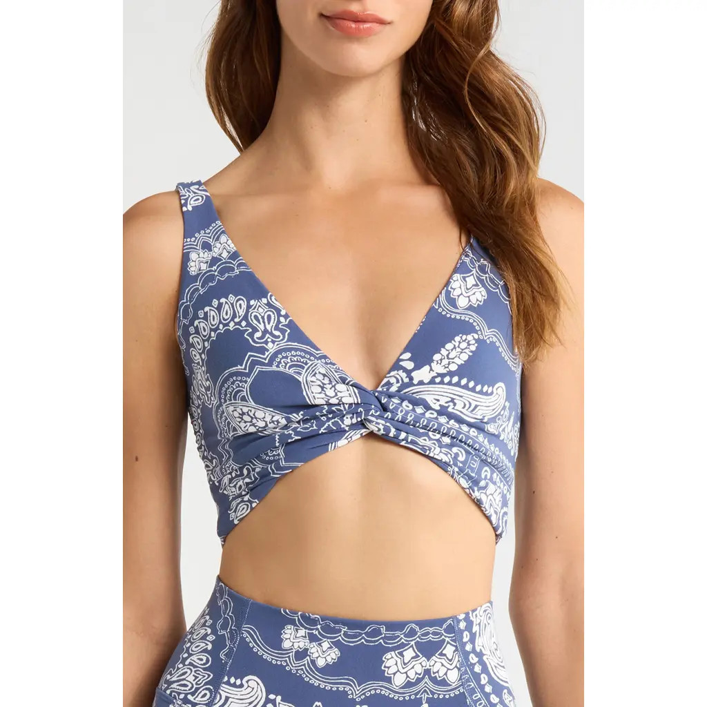 Free People FP Movement Never Better Twist Crop Top in Blue Indigo Bandana at Nordstrom, Size X-Large | Nordstrom