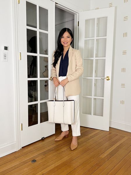 Cream blazer (2P)
Navy sleeveless blouse (XSP)
White pants (4P)
White tote bag
Tory Burch Perry tote bag
White tote bag
Brown mule pumps (TTS)
Spring work outfit
Business casual outfit
Ann Taylor
Amazon fashion

#LTKworkwear #LTKSeasonal #LTKFind