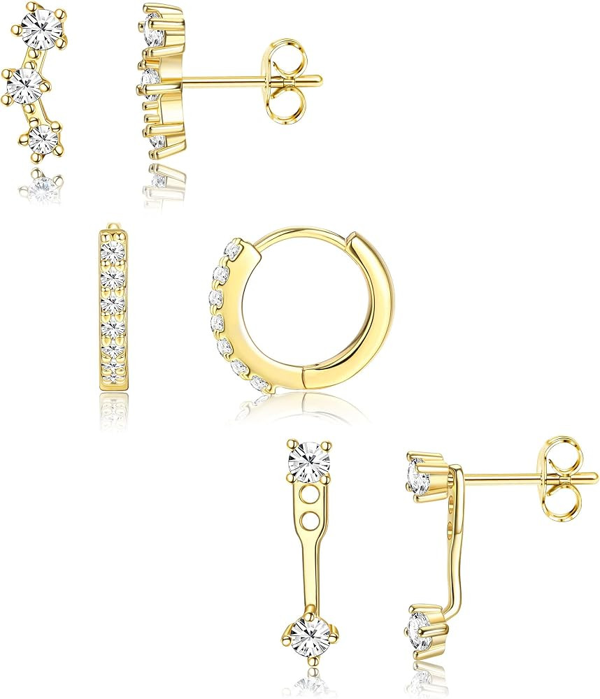 FIASASO 3 Pairs 925 Sterling Silver Hypoallergenic Earrings Set for Multiple Piercing Dainty 14K ... | Amazon (US)