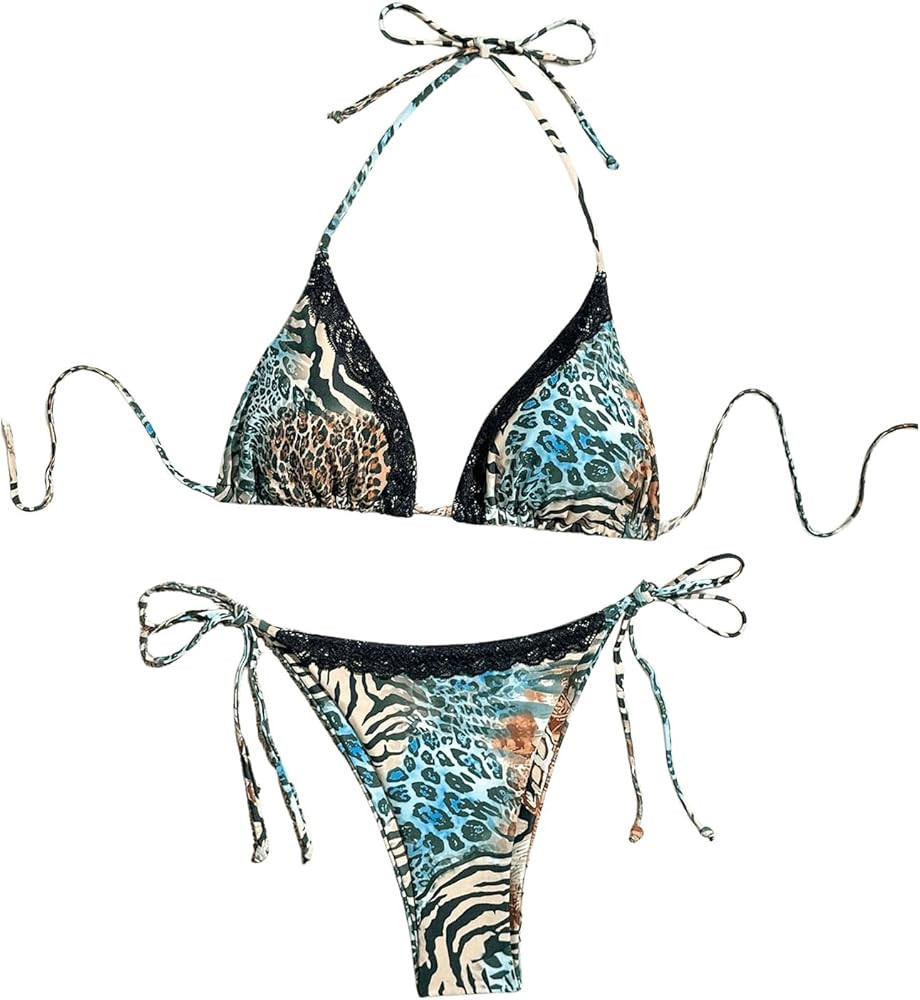 Verdusa Women's Leopard Halter Triangle Micro Bikini Set Swimwear Tie Side Thong 2 Piece Bathing ... | Amazon (US)