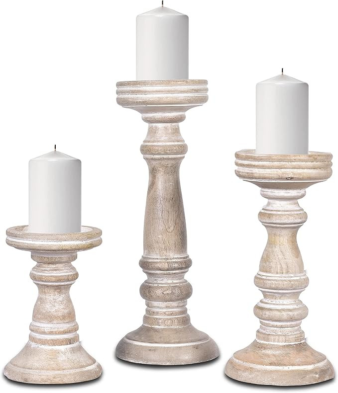 Mela Artisans Whitewashed Hand Carved Wooden Pillar Candle Holders - Set of 3 | Chennai Decorativ... | Amazon (US)