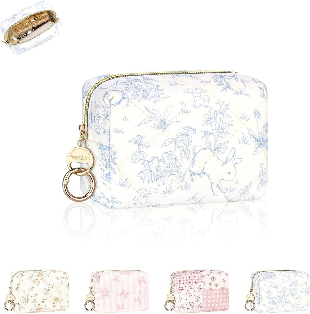 Quilted Mini Makeup Bag, Cute Small Cosmetic Bag for Purse, Plants | Amazon (US)
