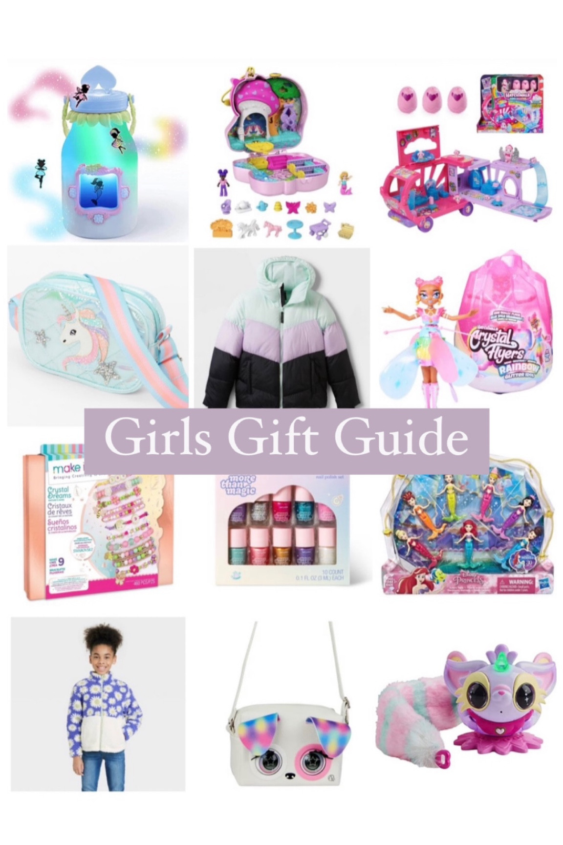Girls gift guide: fairy catching jar toy, travel size Polly pocket compact, hatchimals camper, unicorn crossbody girls purse, girls puffer jacket, hatchimals flying fairy, diy jewelry making kit, girls nail polish set, mermaid set, flower Sherpa pullover, interactive pet purse, interactive pixie belles pet

#LTKkids #LTKGiftGuide #LTKHoliday