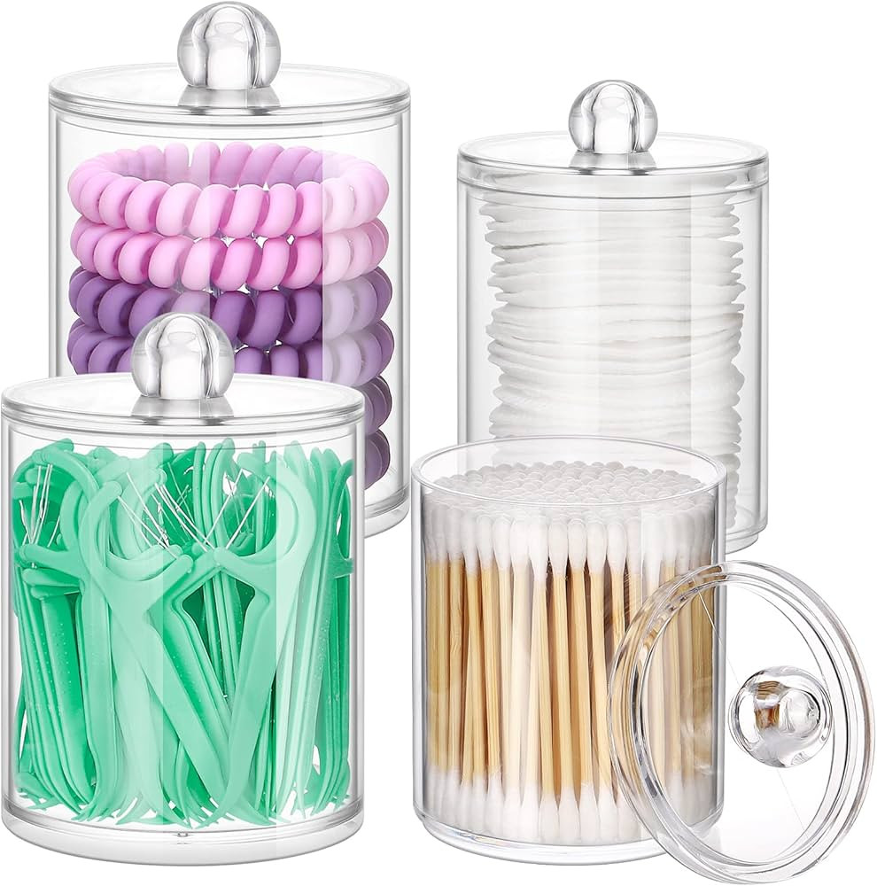 4 Pack Qtip Holder Dispenser - 10oz, 12oz Clear Plastic Apothecary Jars Set - Restroom Bathroom M... | Amazon (US)