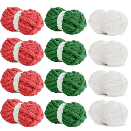 HOMBYS 12 Pack Chunky Yarn for Crocheting,Super Bulky Large Soft Fluffy Yarn,Plush Fuzzy Yarn,Thick Chenille Yarn for Hand Knitting/Arm Knitting,Christmas Red, Green,White(27yds,8 oz Each Skein) | Amazon (US)