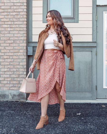 Transitional outfit that I put together with summer items that I already had in my closet, like this tank top and this wrap floral midi skirt. I added boots and a moto jacket to the outfit!  #falloutfits 

#LTKSeasonal #LTKunder100 #LTKsalealert