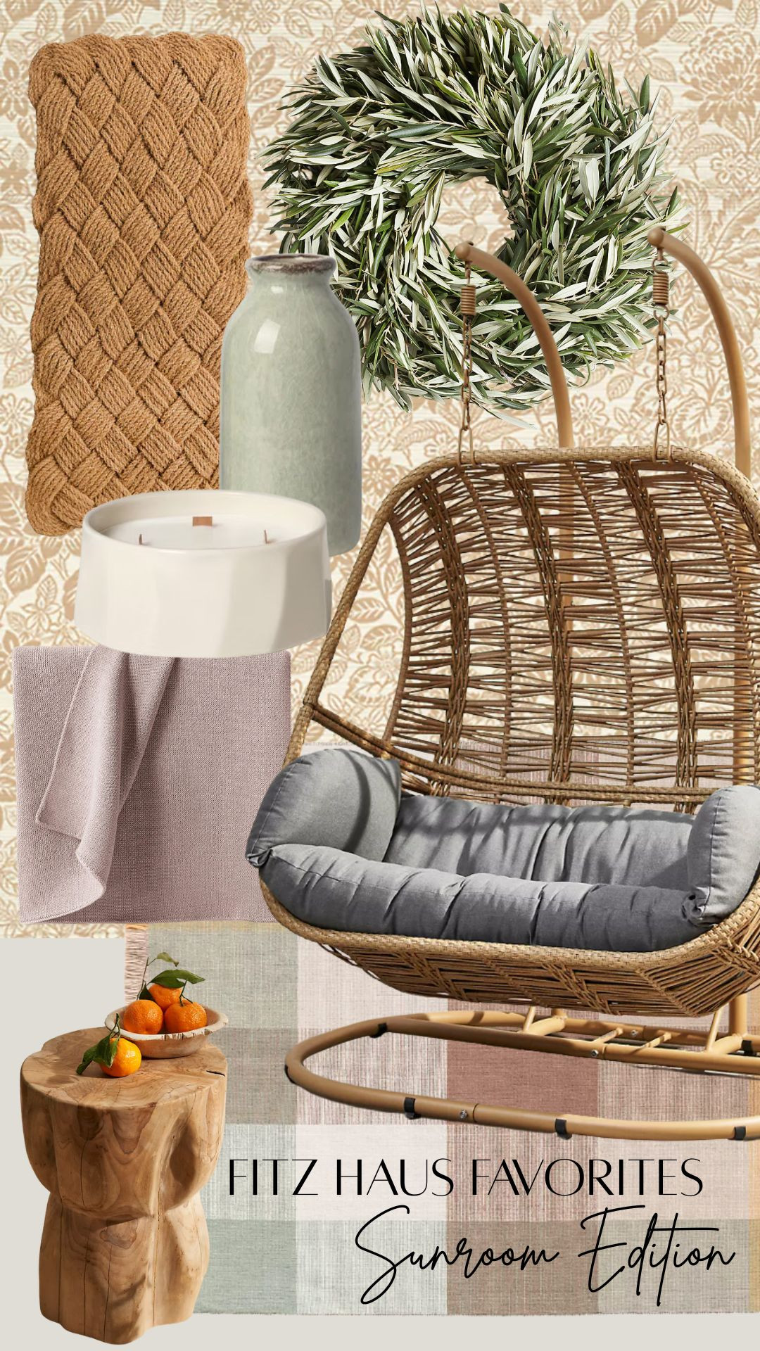  
#LTKSunroom #Sunroomgoals #hangingchair #olivewreath #candle #cashmere #luxury #luxurysunroom 
 