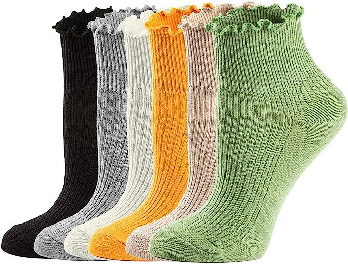Womens Socks, Ruffle Turn-Cuff Ankle Crew Low Cut Casual Socks Knit Cotton Lettuce Dress Winter W... | Amazon (US)