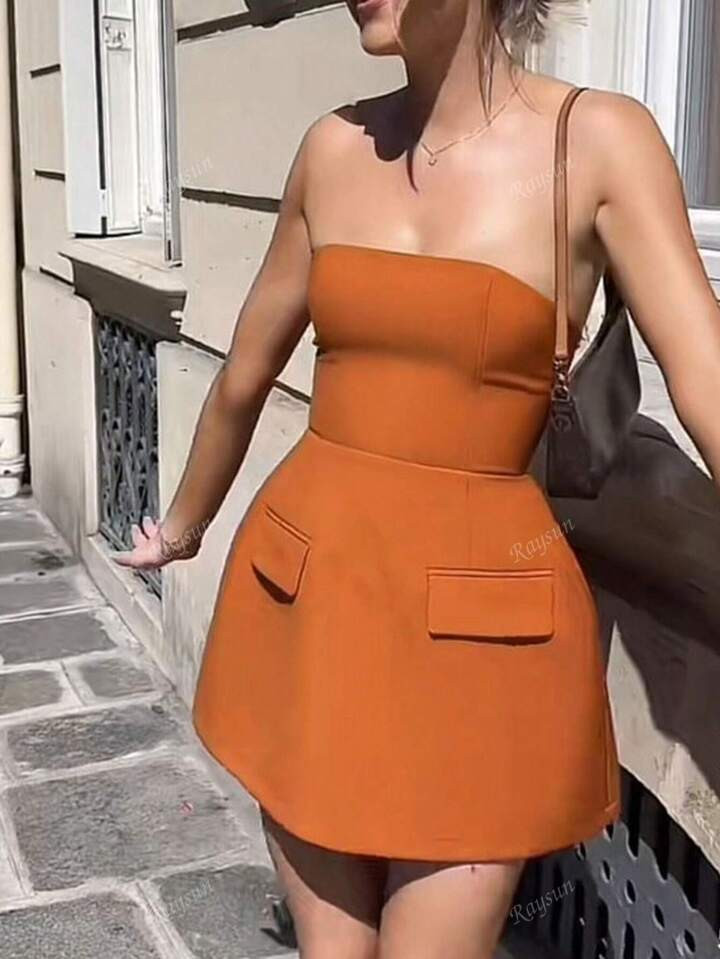 Women's Fitted Bandeau Vintage Elegant Faux Pocket Strapless A-Line Short Sleeveless Formal Party Mini Prom Solid Color Sexy Streetwear Easter Off Shoulder Dress | SHEIN