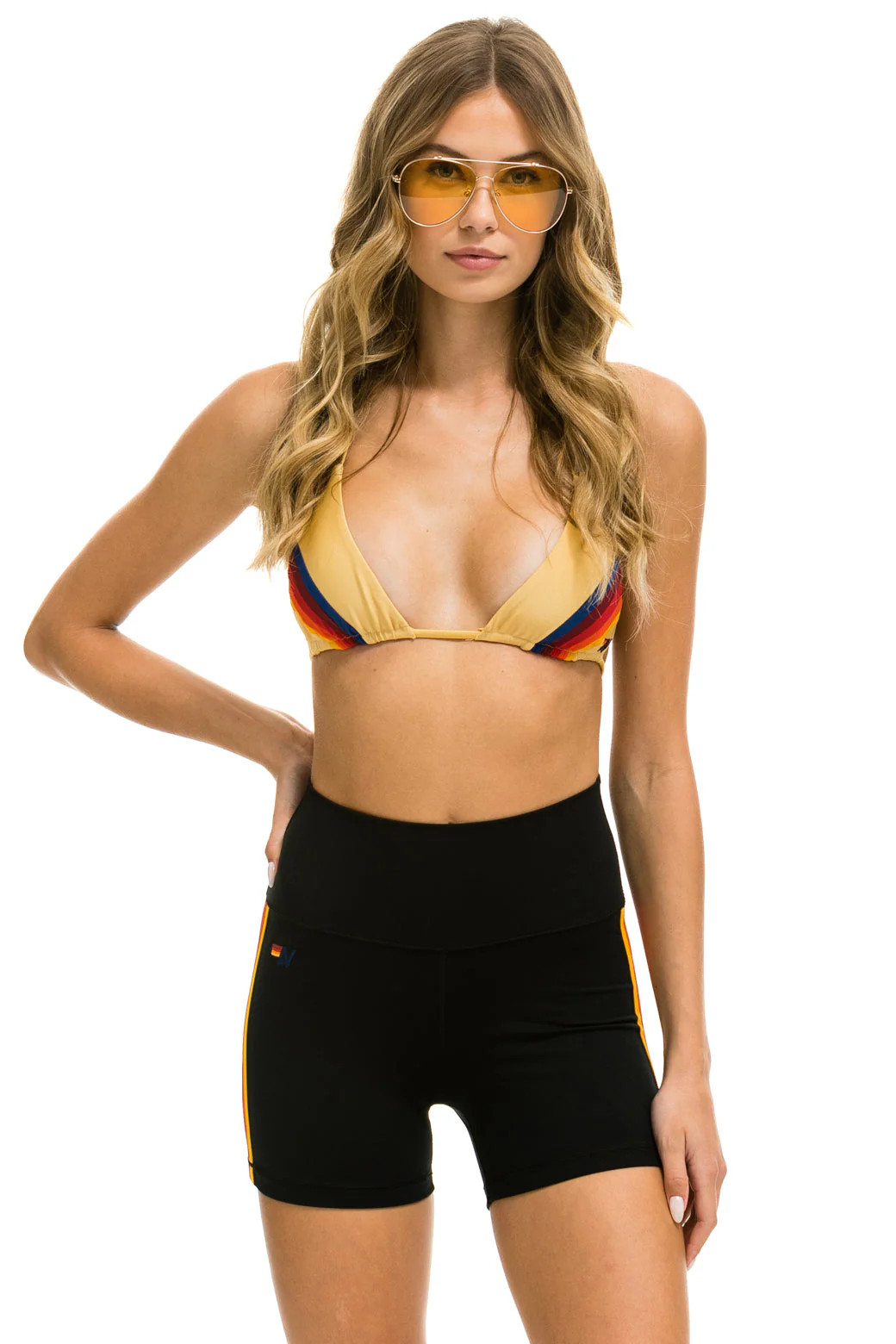 5 STRIPE RAINBOW 4 INCH HI-RISE BIKER SHORT - BLACK | Aviator Nation