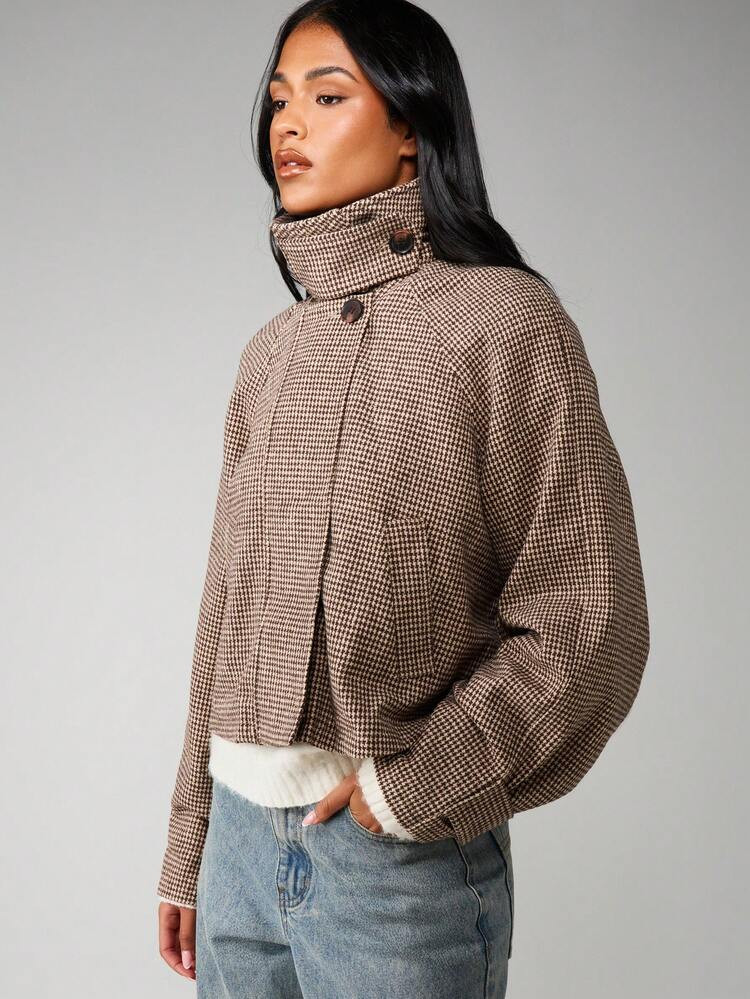 MISSGUIDED Houndstooth Jacket With High Collar Quilted Winter Outerwear For Cold Weather | SHEIN