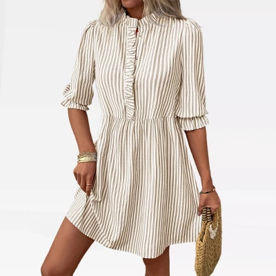 Womens Fall Dress Stripe Ruffle A Line Elbow Sleeve Shirtdress Ruffle Placket Mock Neck Mini Dress Lantern Sleeve Casual Highwaist Dress, Khaki - S | Target