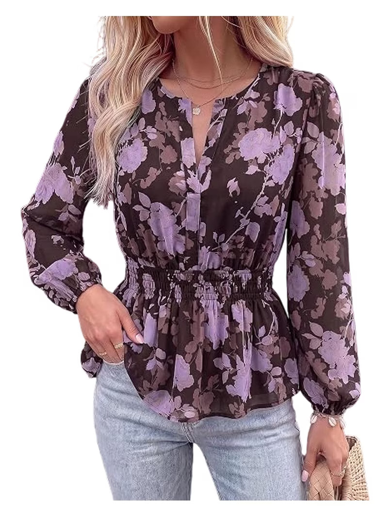 BTFBM Womens Tops Dressy Casual Floral V Neck Long Sleeve Chiffon Shirts | Chiffon Lantern Sleeve... | Walmart (US)