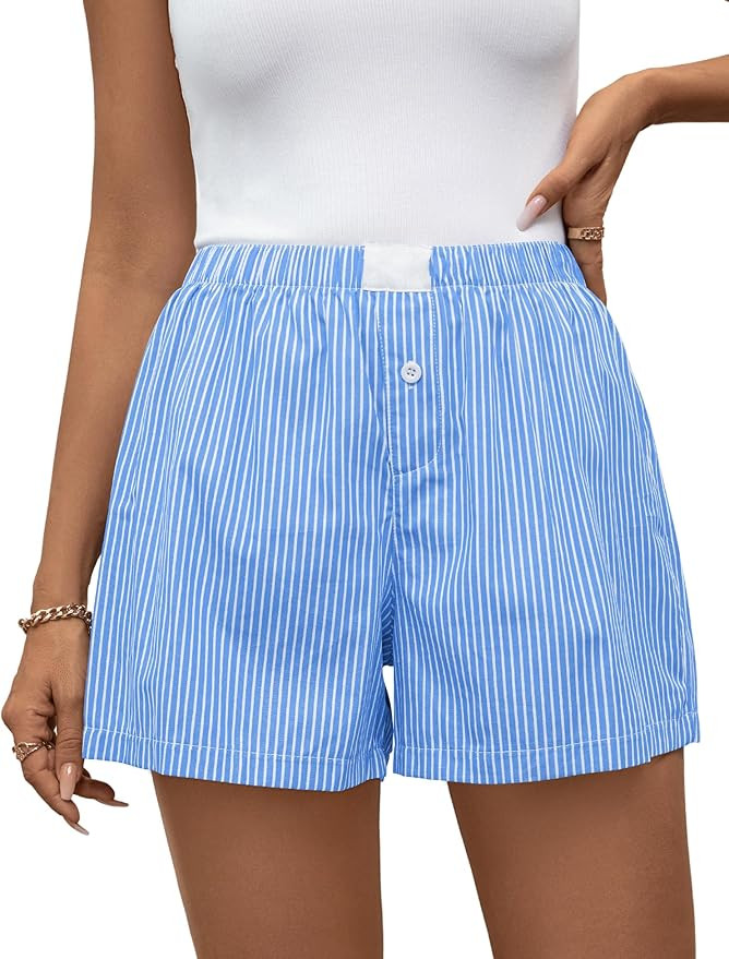 Rapbin Boxer Shorts Women Striped Cotton Casual Sleep Lounge Short for Summer 2026 Plaid Elastic ... | Amazon (UK)
