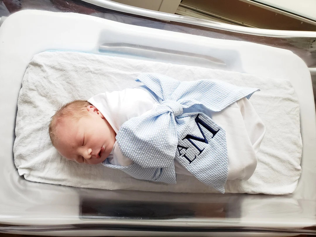 Seersucker Swaddle, Seersucker Bow, Newborn Swaddle, Baby Bow Tie, Photography Swaddle, Monogram ... | Etsy (US)