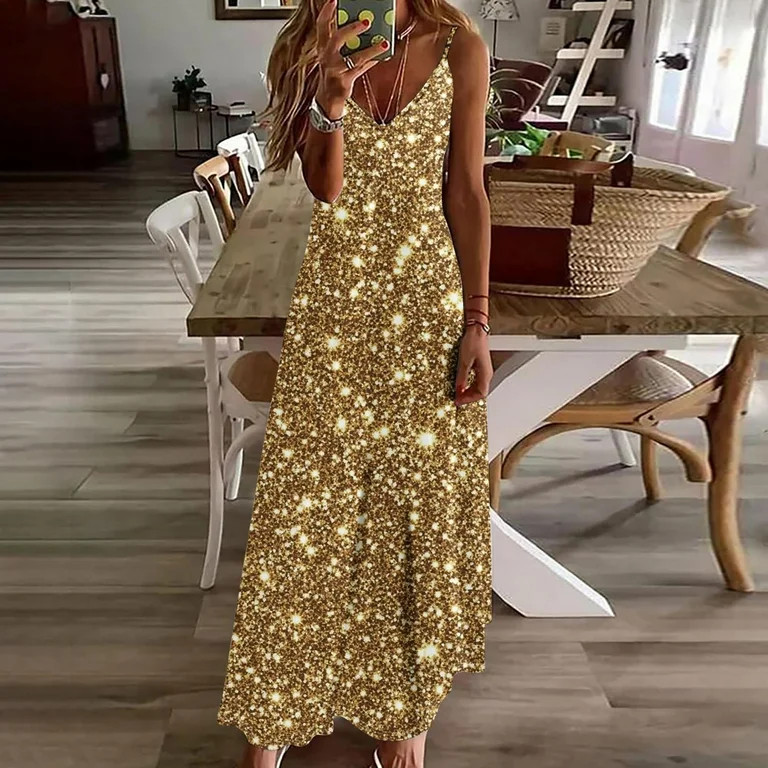 Aobny Flowy Cute Dresses Gold Tank Dress Sundress Long Sparkly Sleeveless Summer Dresses for Wome... | Walmart (US)