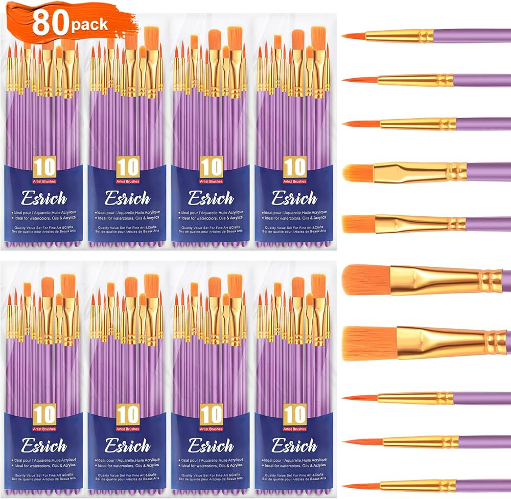 ESRICH Acrylic Paint Brushes Set, 8 Packs/80 Pcs, Nylon Brush Head, Suitable for Acrylic, Oil, Wa... | Amazon (US)